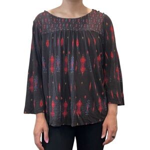Lucky Brand 3/4 Sleeve A-Line Geometric Pattern Multicolored Top Blouse Large